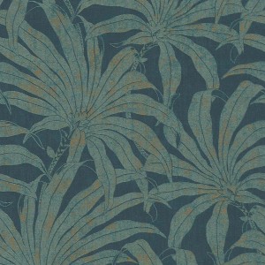 Grün-blaue Vliestapete mit glänzenden Palmenblättern im Dschungel-Stil für Wohn- und Schlafzimmer.