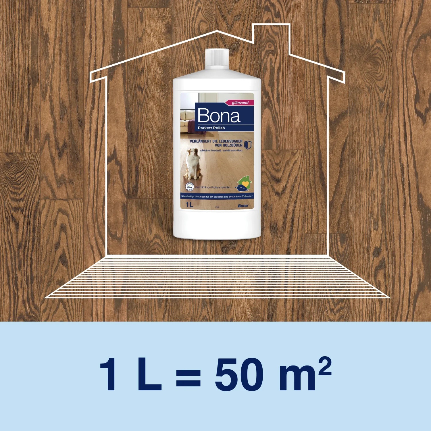Bona Parkett Polish Glänzend 1 l Flasche auf Holzboden, zur Pflege und zum Schutz von Parkett.