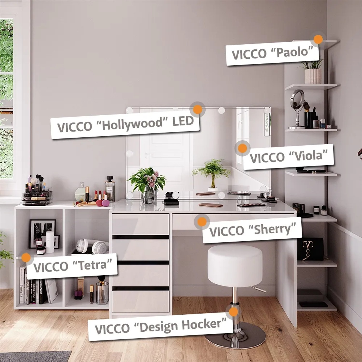 Vicco Schminktisch Sherry, weiß, 4-teilig mit Spiegel, Regal, Hocker und LED-Beleuchtung.