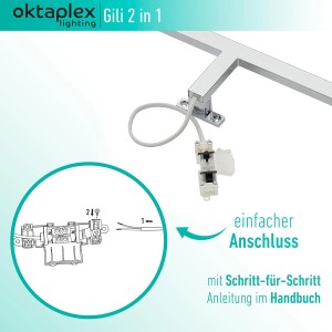 Detailaufnahme der Oktaplex LED Spiegellampe (Chrom) mit Montagehinweis für einfachen Anschluss.