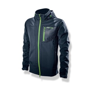 Festool Herren Softshell Jacke in Dunkelblau mit grünen Reißverschlüssen. Wasserabweisende Arbeitskleidung mit Kapuze.