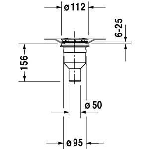 Technische Zeichnung: Duravit Duschwannenablauf, senkrecht, Ablauf 9 cm, Chrom-Deckel.