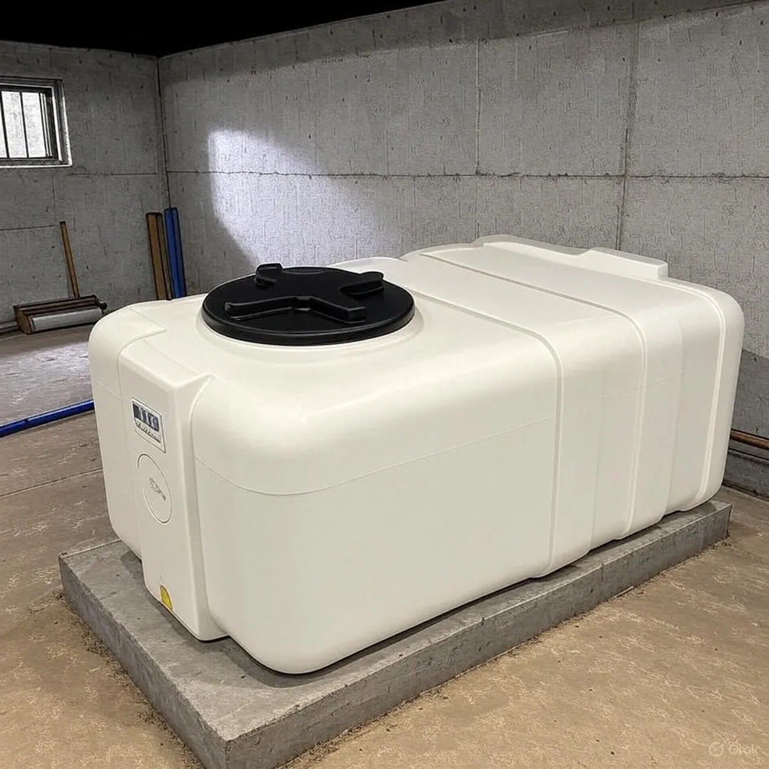 Weißer, rechteckiger KMND 200L Trinkwasser Wassertank aus PE mit schwarzem Deckel auf Betonplatte in einem Kellerraum.