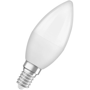 Osram LED-Leuchtmittel E14 in Kerzenform, 4,9W, 470lm, 10x3,7cm (H x Ø).