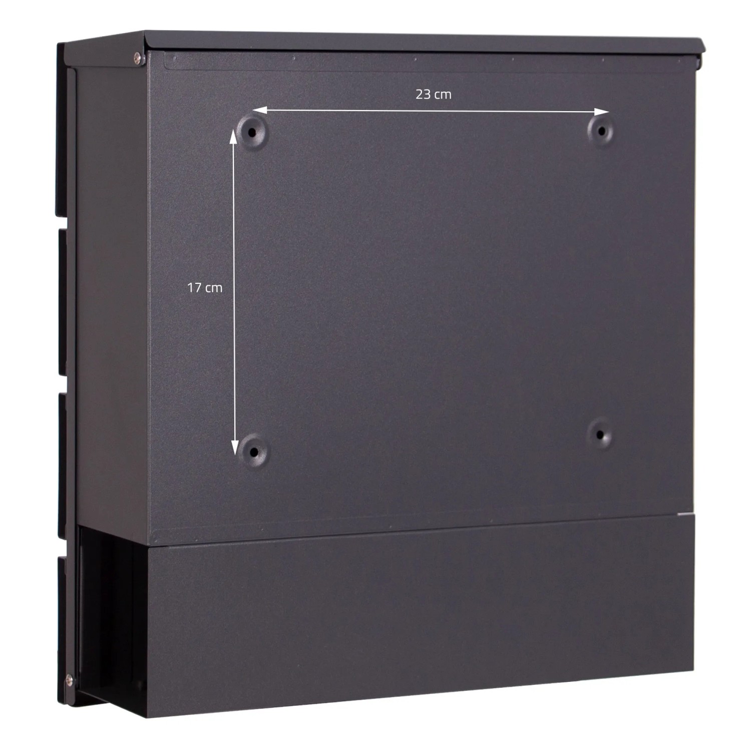 Rückansicht ML-Design Standbriefkasten mit Pfosten, anthrazit, Holzoptik, Maße für Wandmontage.