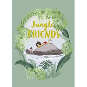 Disney Poster Dschungelbuch mit Mogli und Balu, grüne Blätter, 50x70 cm. Fototapete für Kinderzimmer.