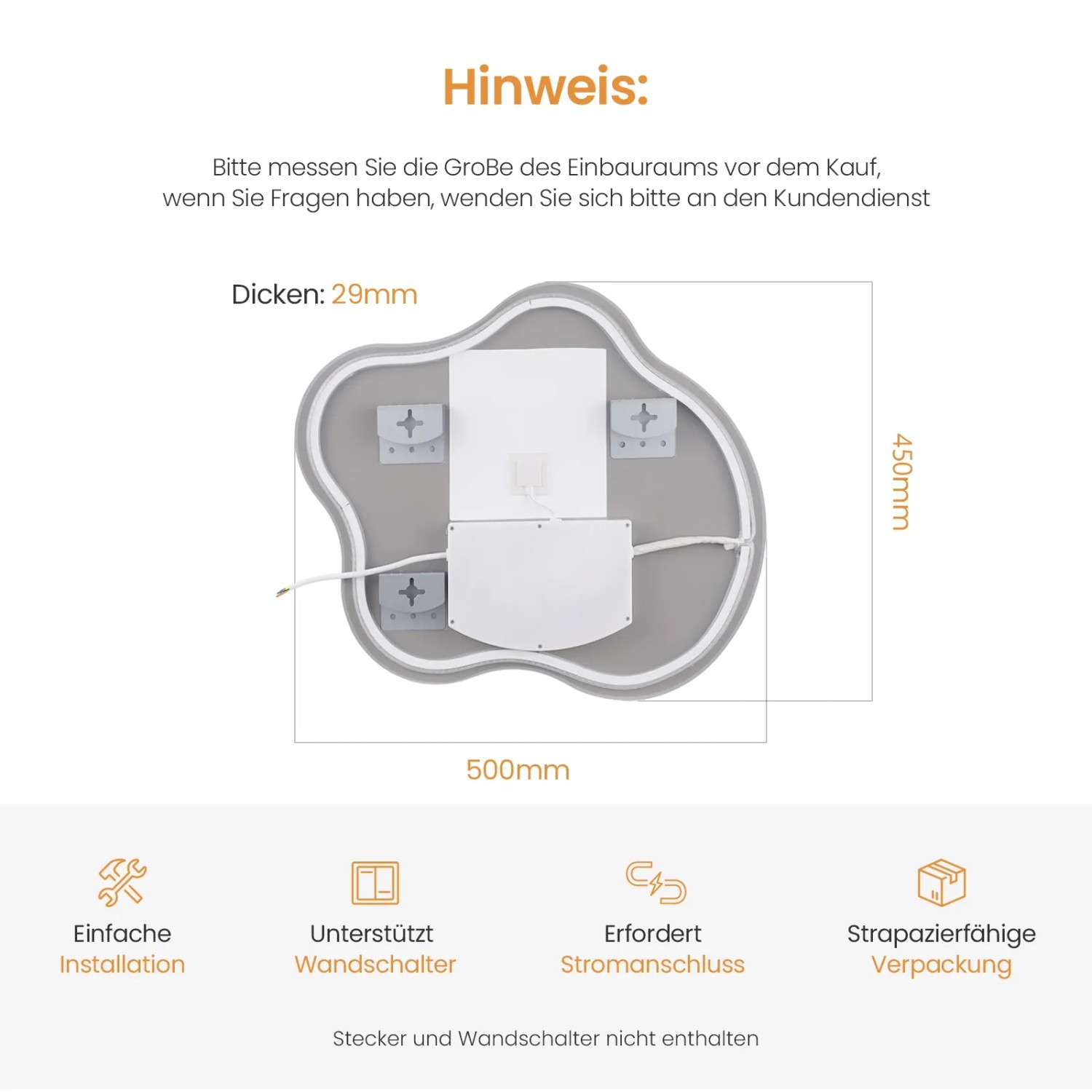 Rückansicht des asymmetrischen Emke LED-Badspiegels 50x45 cm mit Montageelementen.