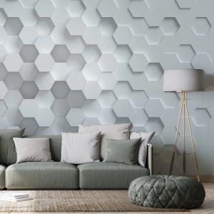 PROFHOME Fototapete mit 3D Wabenmuster in Weiß und Grau. Moderne Vliestapete für Wohnräume.