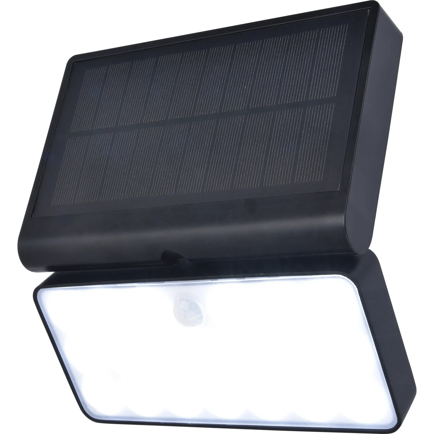 Schwarze Lutec LED Solar-Wandleuchte Tuda mit Bewegungsmelder und Solarpanel.