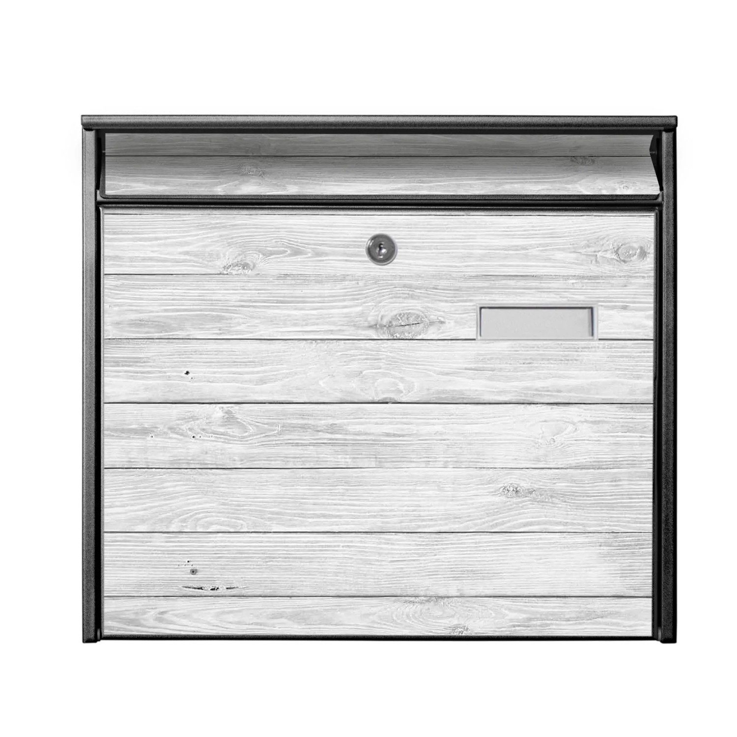 Banjado Briefkasten, schwarz umrandet, mit weiß gebeiztem Holzmotiv und Namensschild.