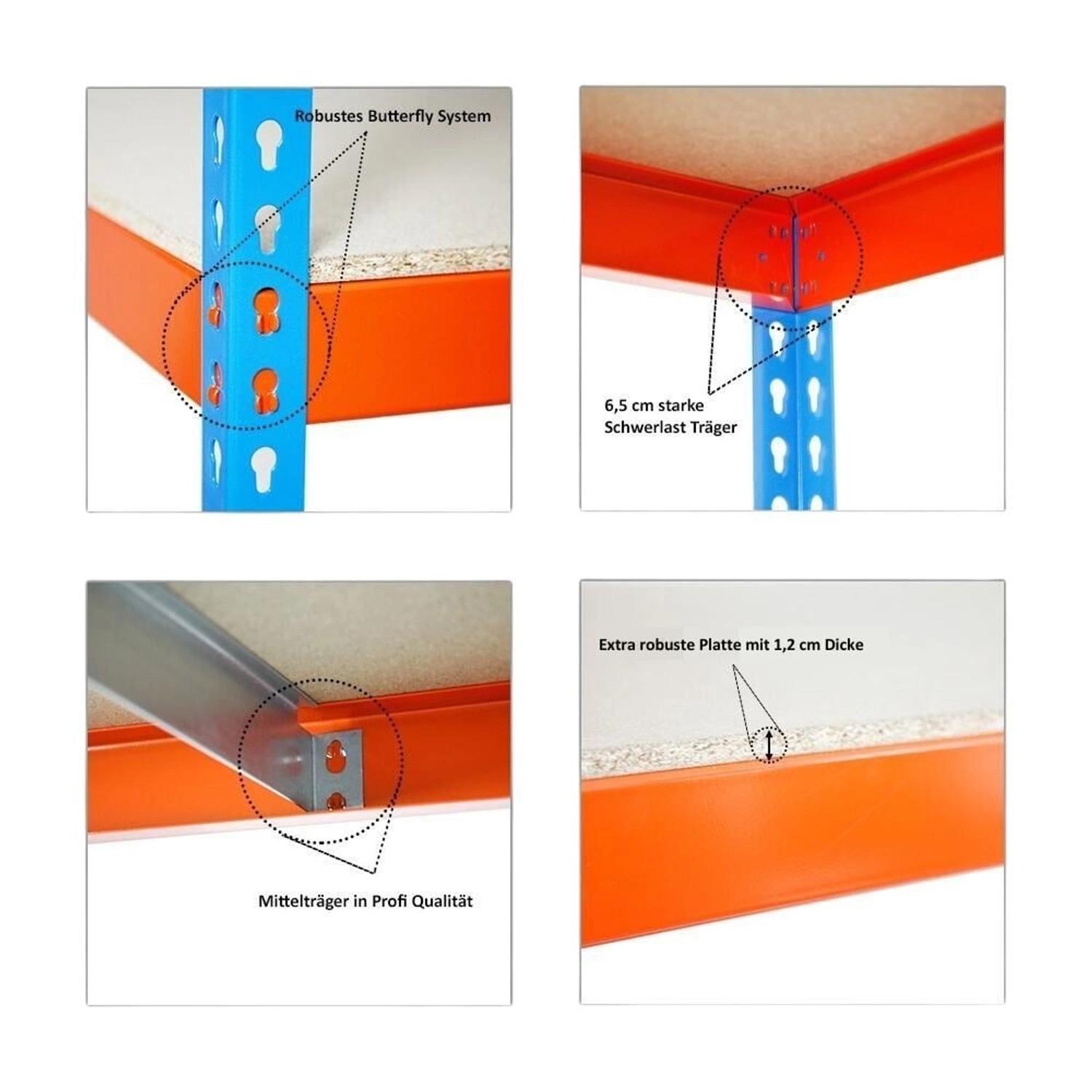 Detailansichten des PROREGAL Schwerlastregals Wood Beast: Butterfly System, Träger, Platte.