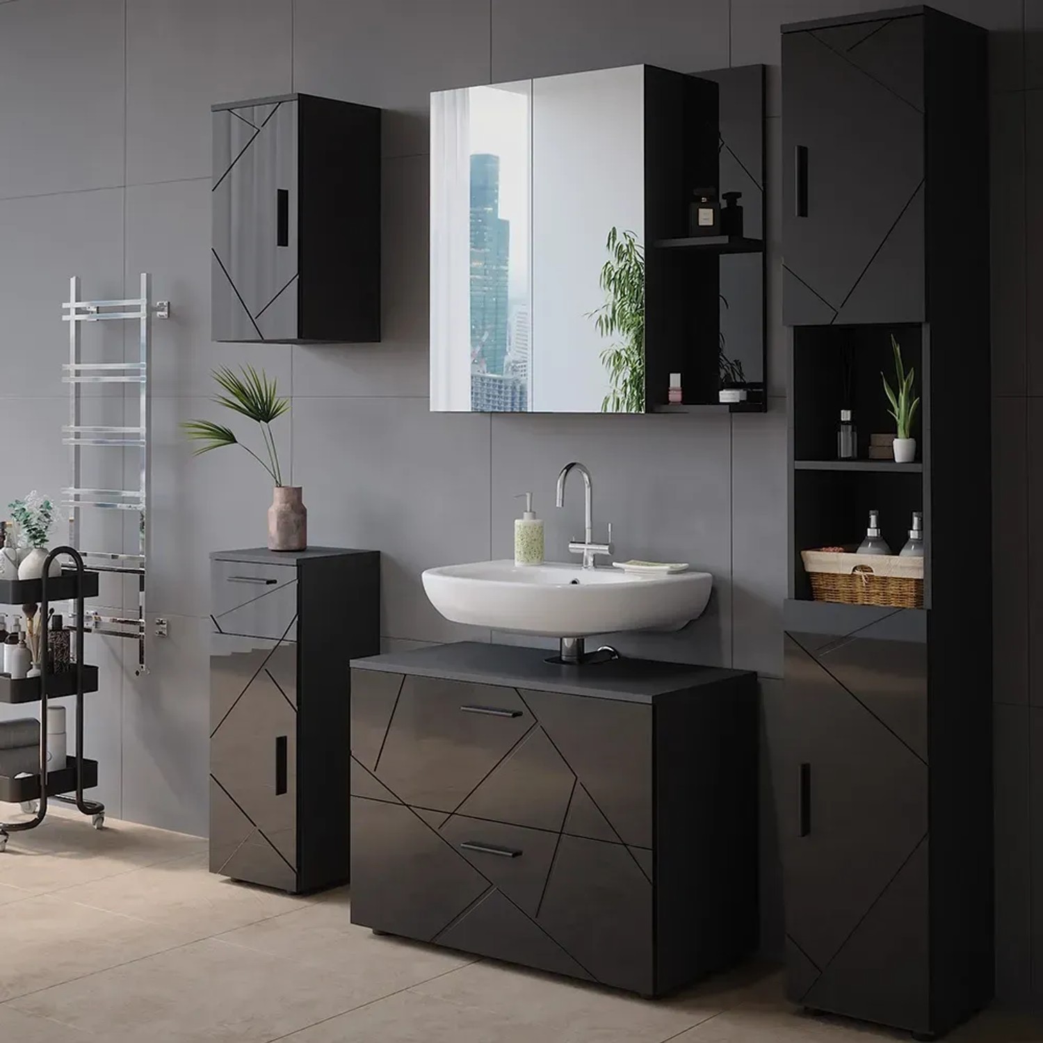 Vicco Badspiegelschrank Irma, Anthrazit Hochglanz, 80x75 cm, mit offenen Fächern und Spiegel.