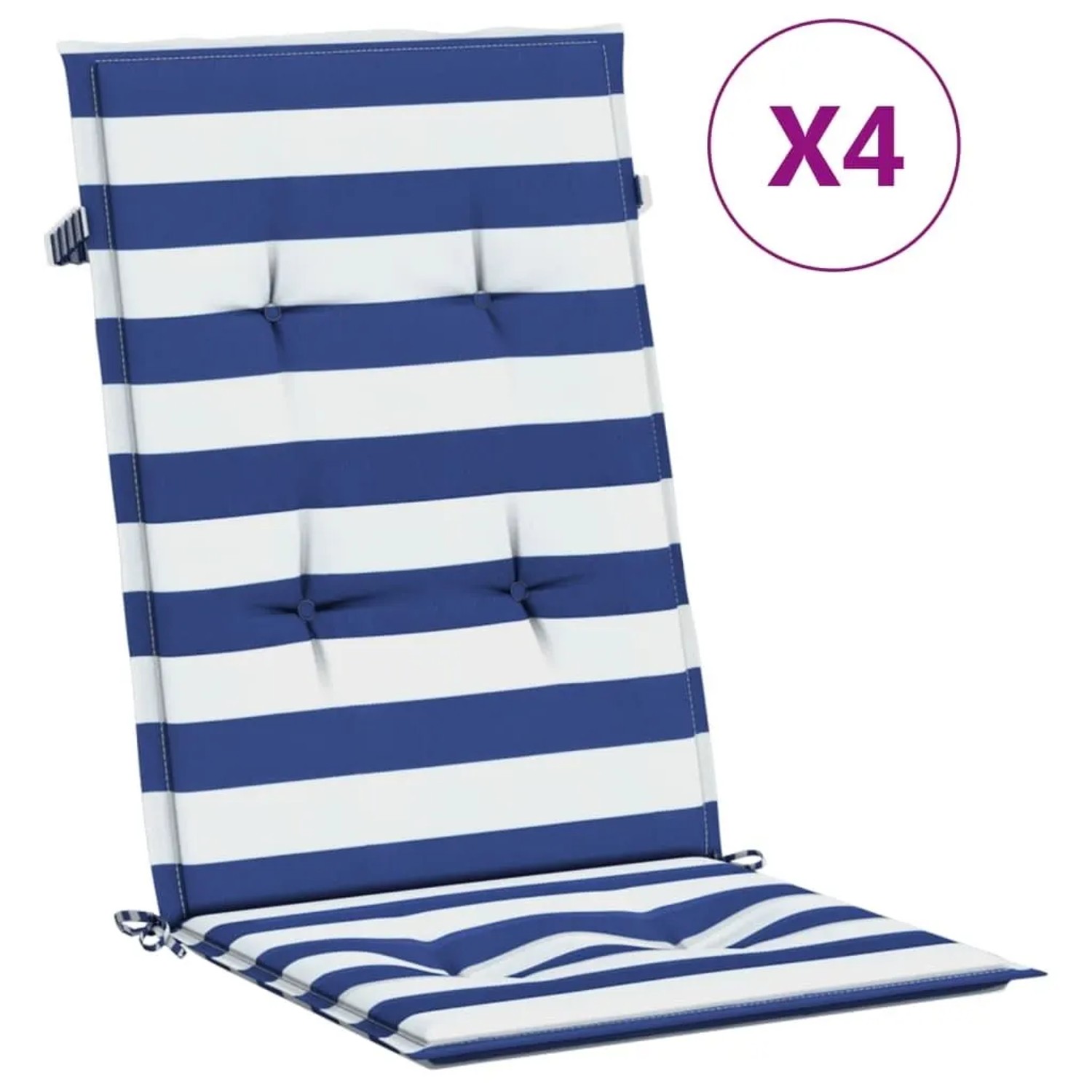4er Set Hochlehner Auflagen blau-weiß gestreift, bequeme Sitzkissen für Gartenstühle.