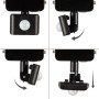 LED Strahler mit Sensor, 10W, schwarz, verschiedene Einstellmöglichkeiten des Bewegungsmelders dargestellt.