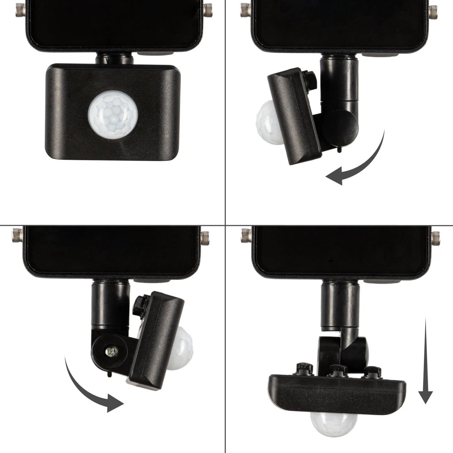 LED Strahler mit Sensor, 10W, schwarz, verschiedene Einstellmöglichkeiten des Bewegungsmelders dargestellt.