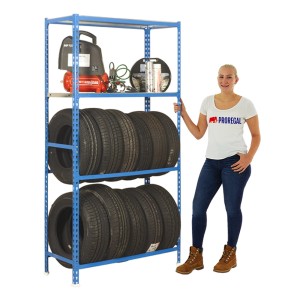 Blaues PROREGAL Reifenregal Metal Shark mit 2 Ebenen für 12 Reifen und Ablagefläche.