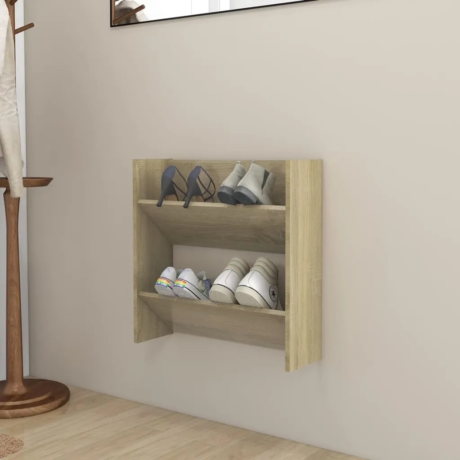 Wand-Schuhschrank Sonoma-Eiche mit Schuhen, Holzwerkstoff, 60x18x60 cm.
