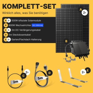 Solakon Balkonkraftwerk 1000W Solaranlage mit Gartenhalterung Steckerfertig Komplettset Photovoltaik 800W Kabellänge 5m