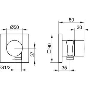 Technische Zeichnung Keuco IXMO Pure 2-Wege Umstellventil eckig Chrom mit Maßen.