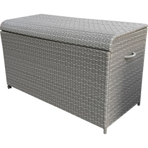 Graue Kissenbox Vermont Cloud aus Polyrattan für Lounge-Gartenmöbel zur Aufbewahrung von Gartenutensilien.