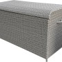 Graue Kissenbox Vermont Cloud aus Polyrattan für Lounge-Gartenmöbel zur Aufbewahrung von Gartenutensilien.