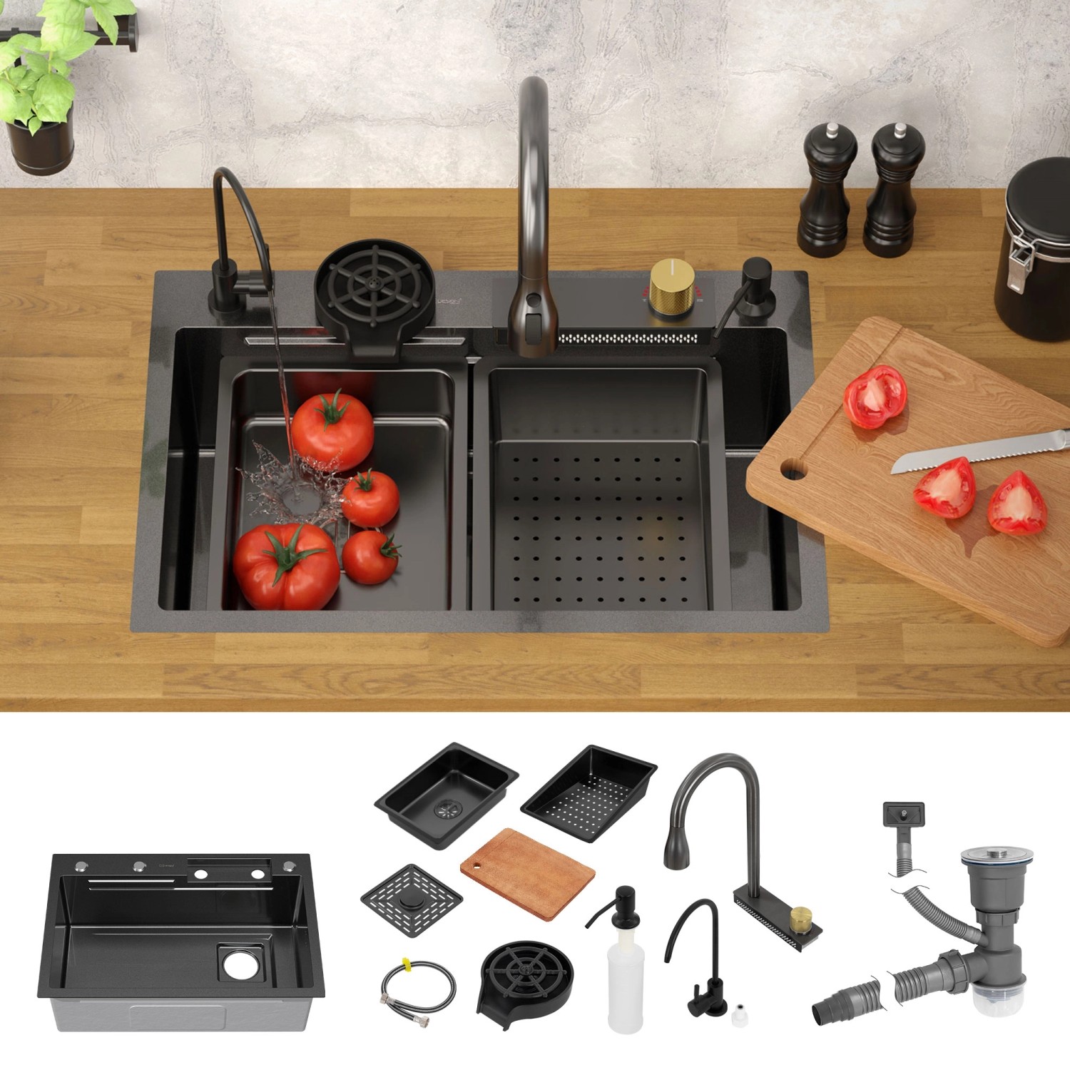 ML-Design Spülbecken Edelstahl Anthrazit 68x46cm mit Zubehör, Wasserhahn und Schneidebrett.
