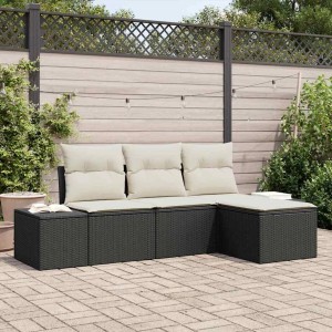 Schwarzes 4-teiliges Garten-Sofa-Set aus Poly Rattan von vidaXL mit Kissen und Hocker.