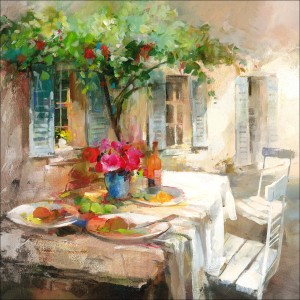 Leinwandbild Anonymus Beautiful Garden: Garten-Szene mit gedecktem Tisch, Blumen und mediterranem Flair.