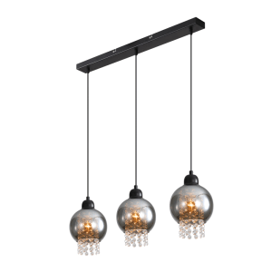 Moderne NETTLIFE Pendelleuchte schwarz mit 3 rauchgrauen Glaskugeln & funkelnden Kristallanhängern für Esstisch.