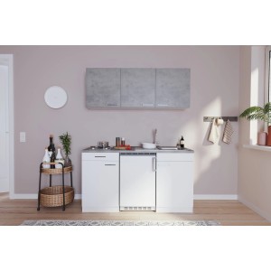 Respekta Küchenzeile KB150WWBG, 150 cm, Weiß/Beton Optik mit Kühlschrank und Kochmulde.