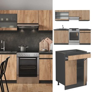 Vicco R-Line Küchenzeile in Goldkraft Eiche/Anthrazit, 200 cm, J-Form. Küchenblock ohne Arbeitsplatte.