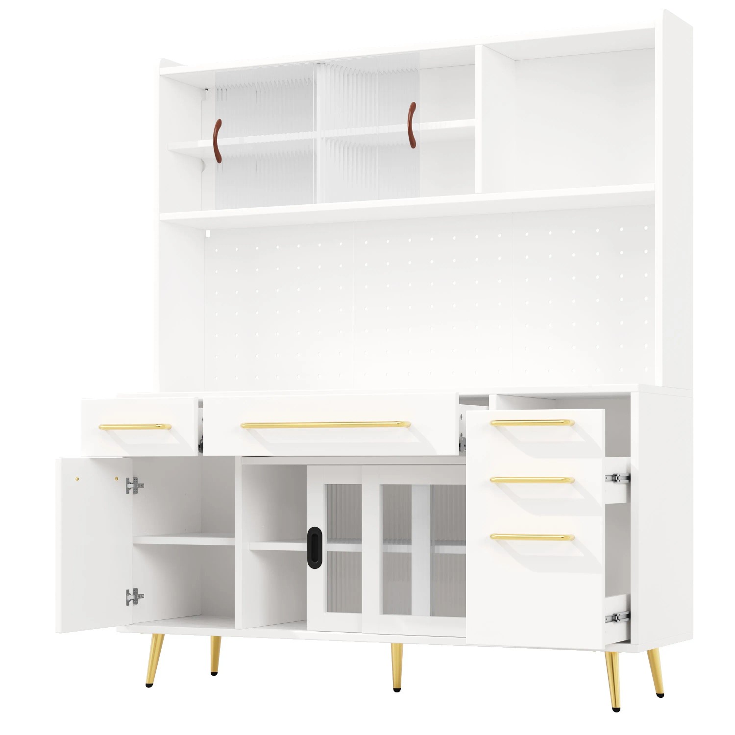 okwish Hochschrank mit LED Beleuchtung Lochwand Schublade Glastür Küche 145x39x171cm Weiß