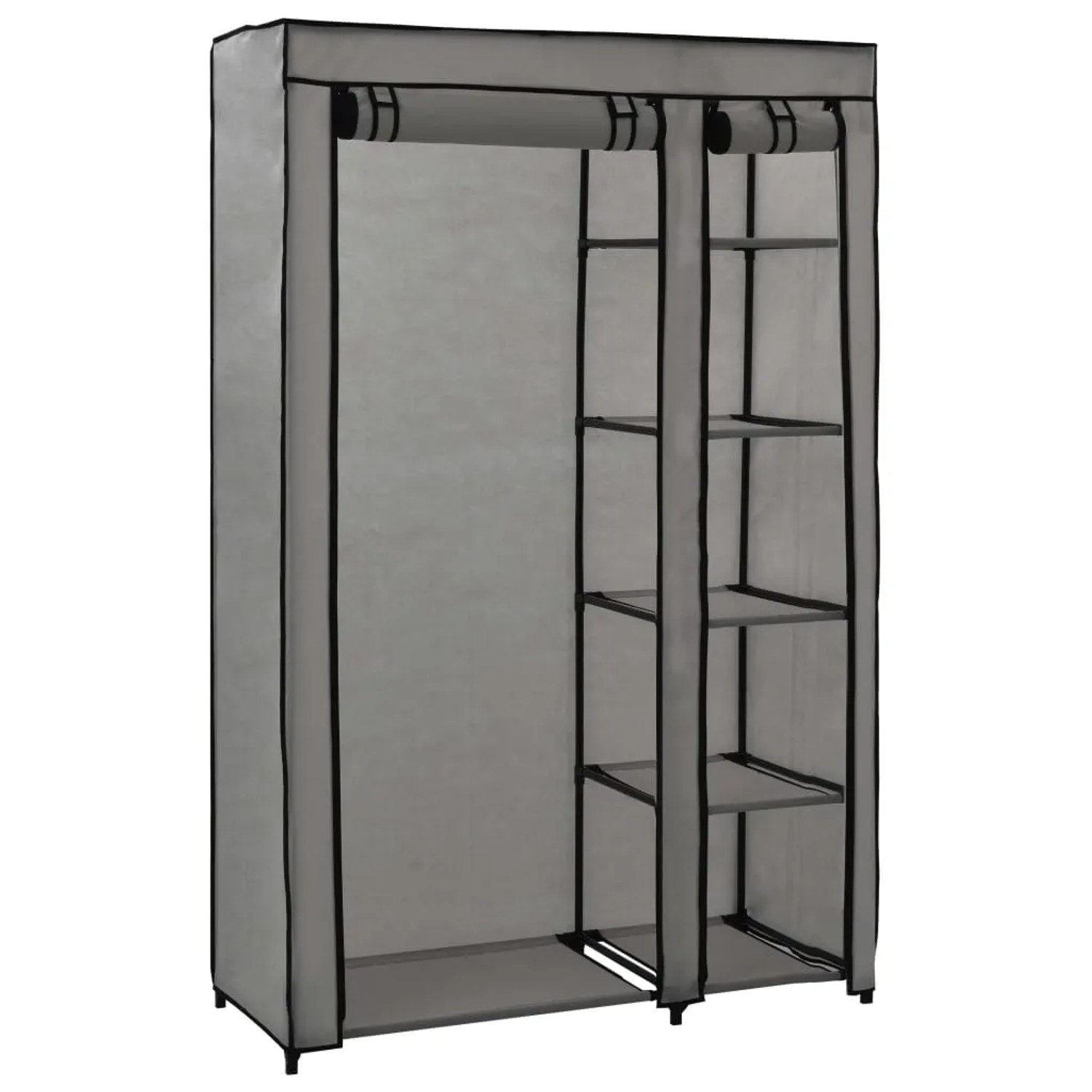 Grauer vidaXL Faltschrank (110x45x175 cm) aus Stoff mit Regalen und Kleiderstange.