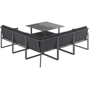 Schwarzes 6-teiliges Lounge-Set Piegan mit Esstisch aus Aluminium für den Garten.