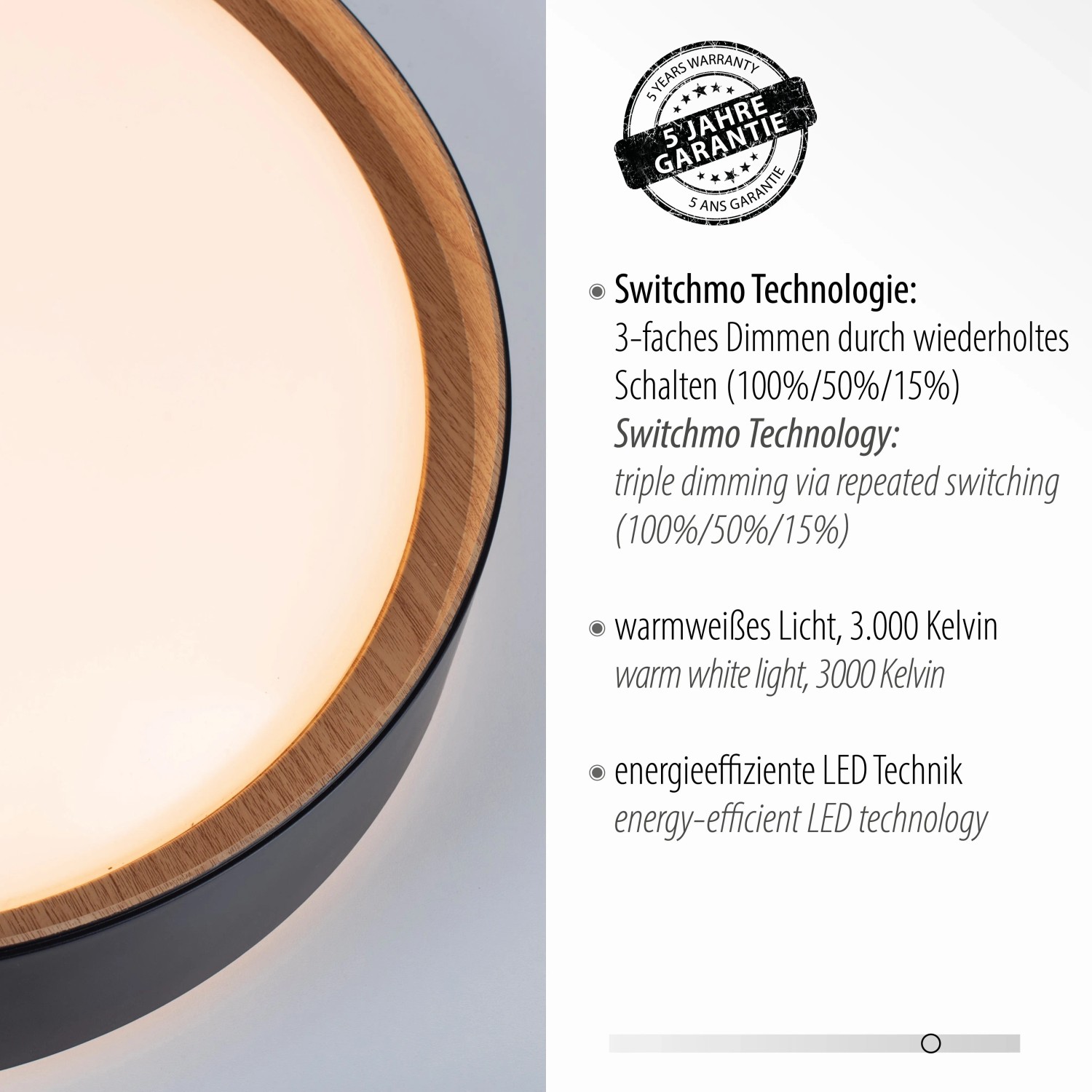 Moderne, schwarze LED-Deckenleuchte Emilia, Ø 40 cm, mit Holz-Akzent für wohnliches Licht.