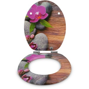 Sanfino WC-Sitz Orchid: Toilettendeckel mit Absenkautomatik, Holz, Orchideen- und Steinmotiv.