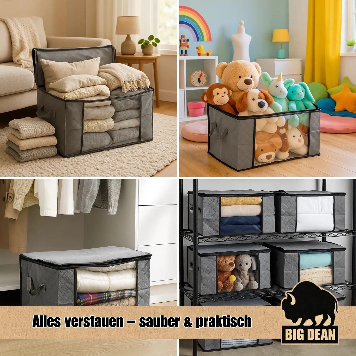 6 graue BigDean Aufbewahrungstaschen (je 90L) für Kleidung, Bettdecken und Spielzeug.