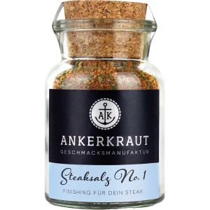 Ankerkraut Steaksalz No. 1 im Glas mit Korken, ideale Grillwürzung für Steaks.