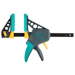 Wolfcraft Einhandzwinge EHZ Pro 100-150, Spannwerkzeug mit grau-türkisem Griff und gelben Details.