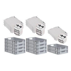 PROREGAL Spar Set: 10 graue Euroboxen mit Scharnierdeckel, 23 Liter, für Lagerung und Transport.
