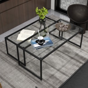 HOMCOM Couchtisch 2er-Set mit Glasplatte und schwarzem Stahlgestell.