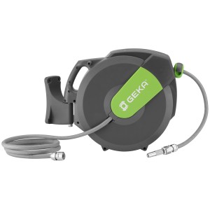 Geka Schlauchbox K15 Grau, automatische Schlauchaufroller mit grauem Schlauch und grüner Abdeckung.