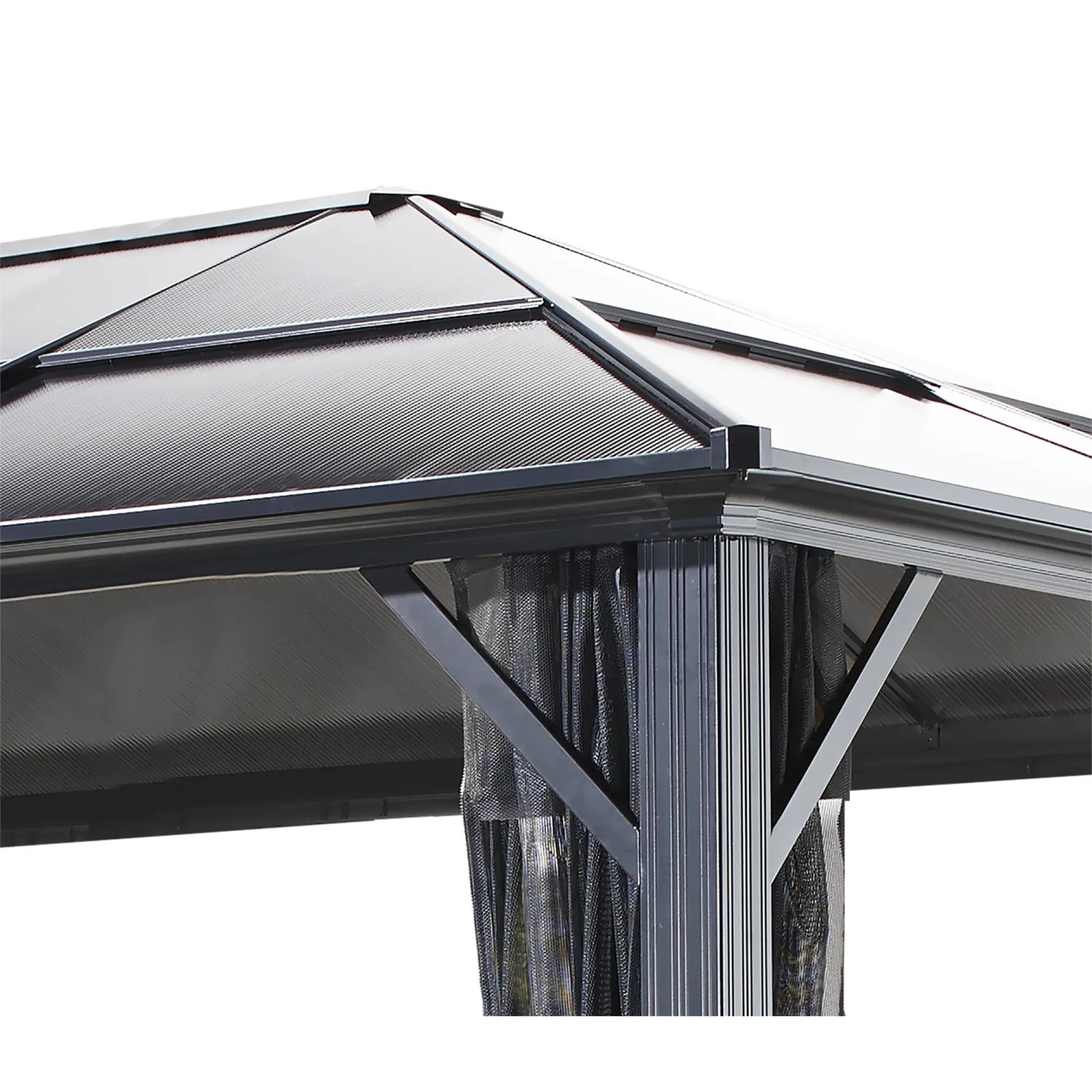 Detailansicht Sojag Pavillon Meridien 12x16 Anthrazit mit Dach und Moskitonetz.
