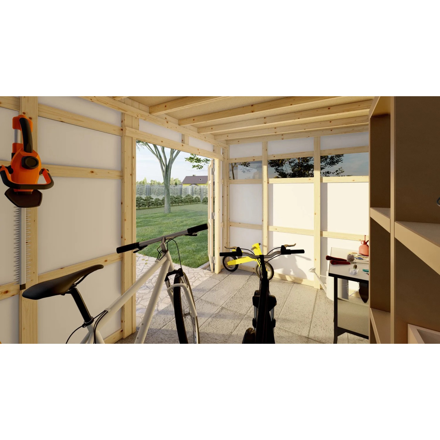 Innenansicht Bertilo Gartenhaus HPL 2 Italian Walnut mit Fahrrädern und Gartengeräten.