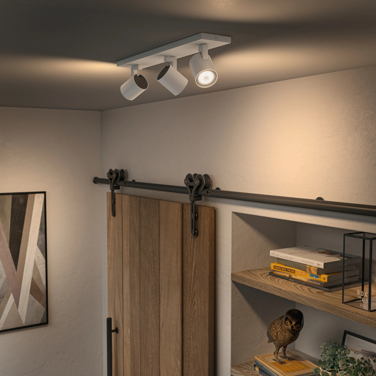 Weißer Philips Hue LED Spot Runner, 3-flammig, mit Dimmer. Deckenleuchte mit drei GU10 LED Lampen.