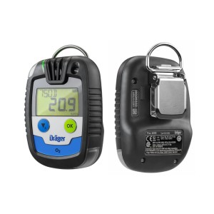 Schwarzes Dräger Pac 6000 Sauerstoff-Gasmessgerät. Vorder- und Rückansicht des kompakten Prüfwerkzeugs mit Display, Gürtelclip.