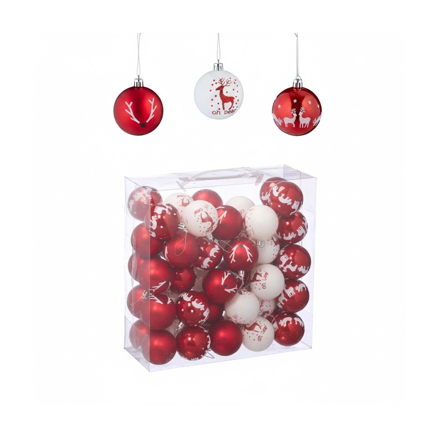 Relaxdays Christbaumkugeln Kunststoff Weiß Rot Rentier 50er Set 7,5 cm x 6 cm