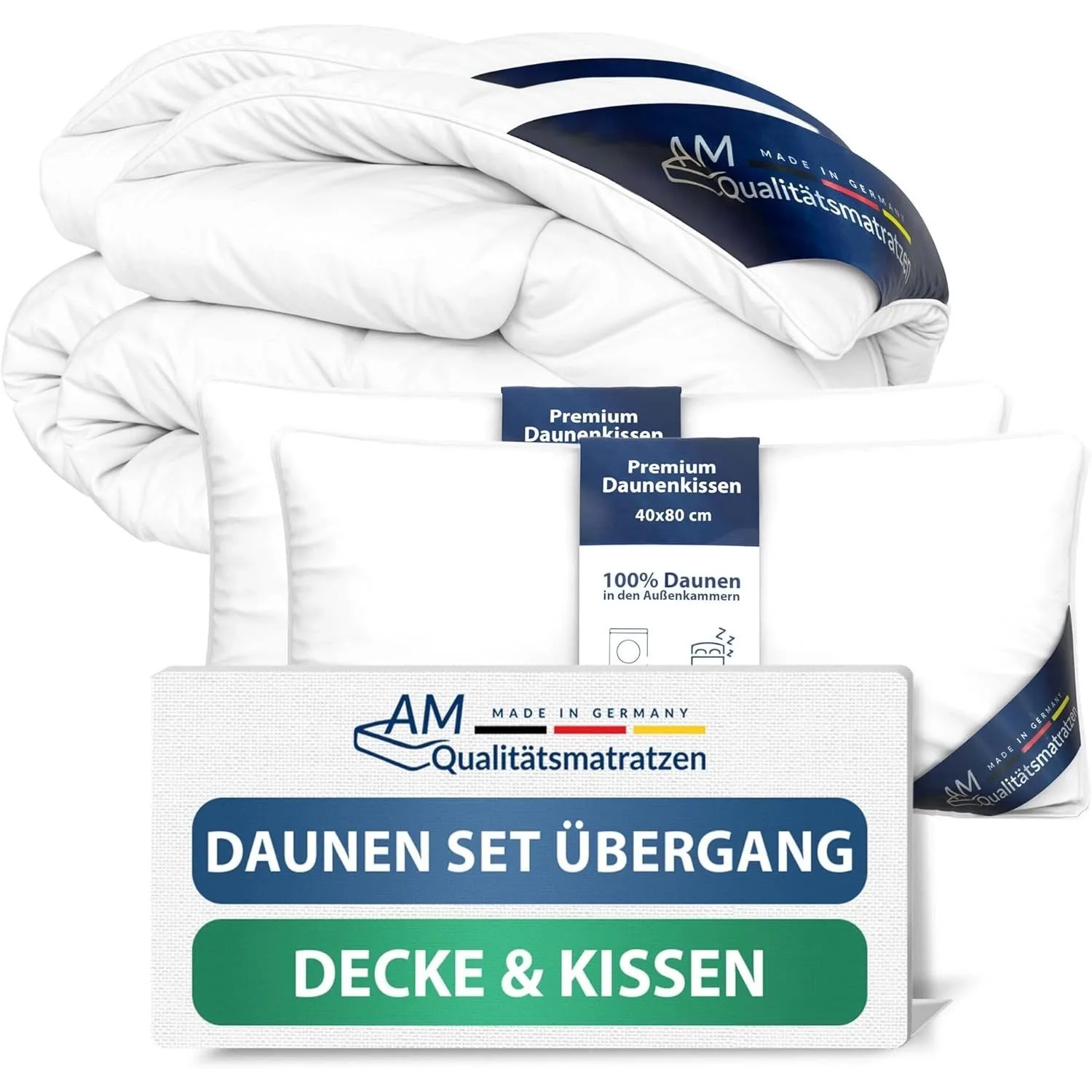 AM Qualitätsmatratzen Premium Daunen Ganzjahres Bettdecken- & Kissen 2er Set Made in Germany 135x200cm