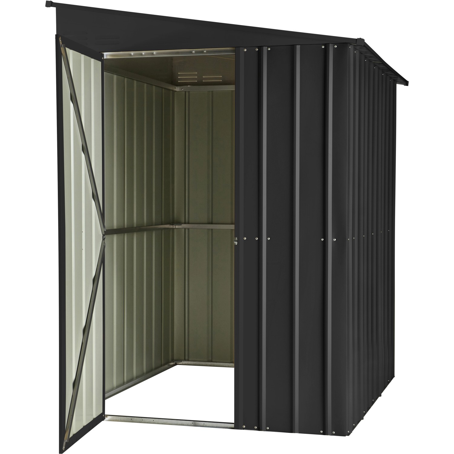 Globel Metall-Anlehngerätehaus Lean-To 56, anthrazit, mit geöffneter Tür.