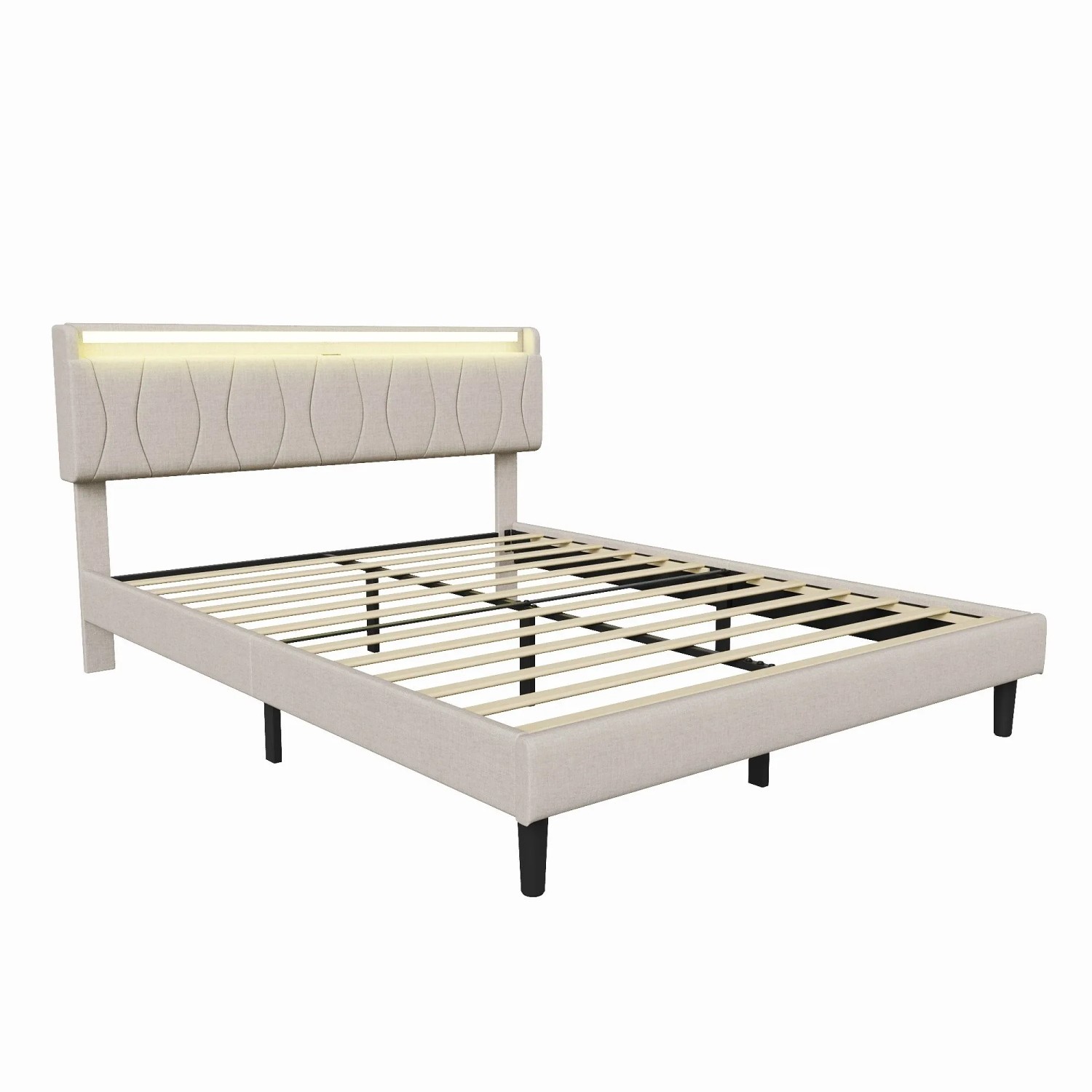 PXloue Polsterbett LED Doppelbett mit USB-Anschluss 160x200cm Beige